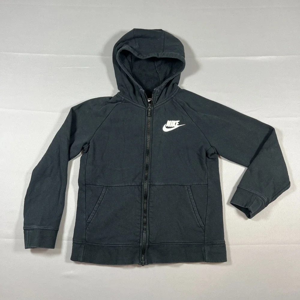 Nike Hoodie Girls Large Black Cotton Raglan Sleeve Fleece Lined Stretch Full Zip